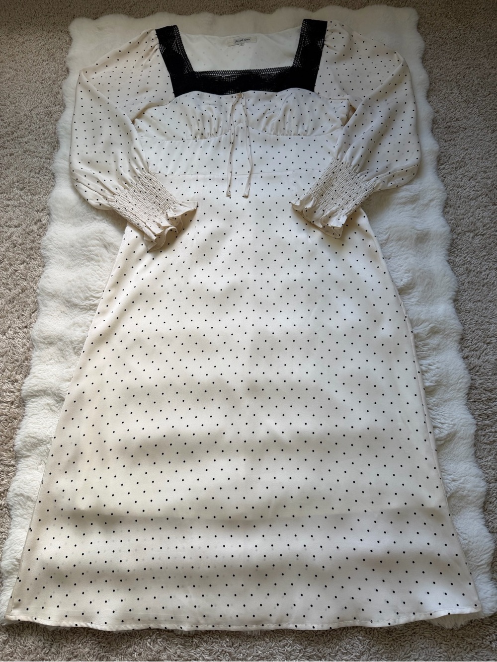 Simple Retro Mazie Long Sleeve Polka Dot Square Neck Midi Dress Lace Trim Cream - Picture 8 of 16